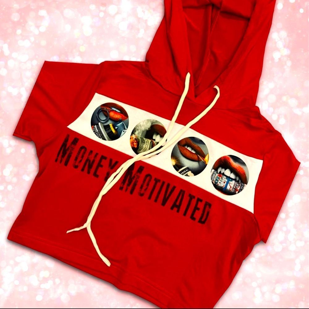 Red Ikonic “Money Motivated” hooded short sleeve crop top